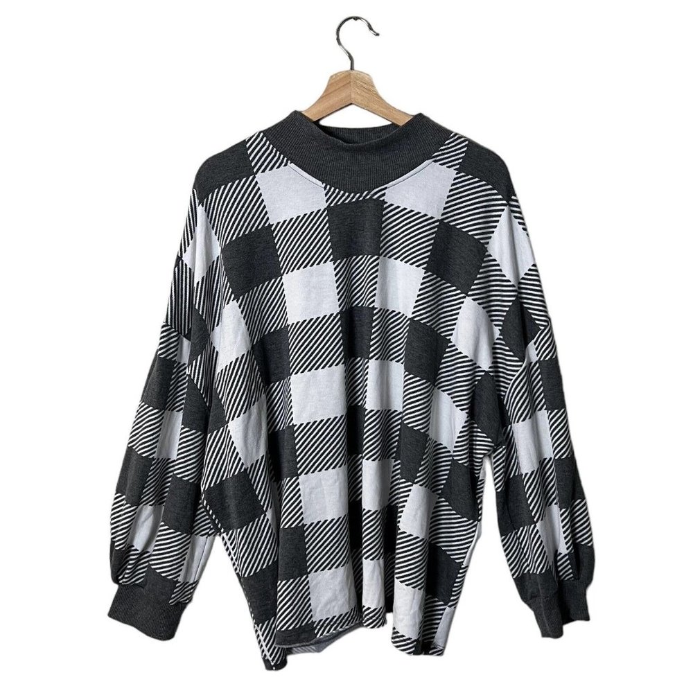 Angels Forever Young Sweater Plus 3X  Balloon Sleeve Mock Neck Buffalo Check